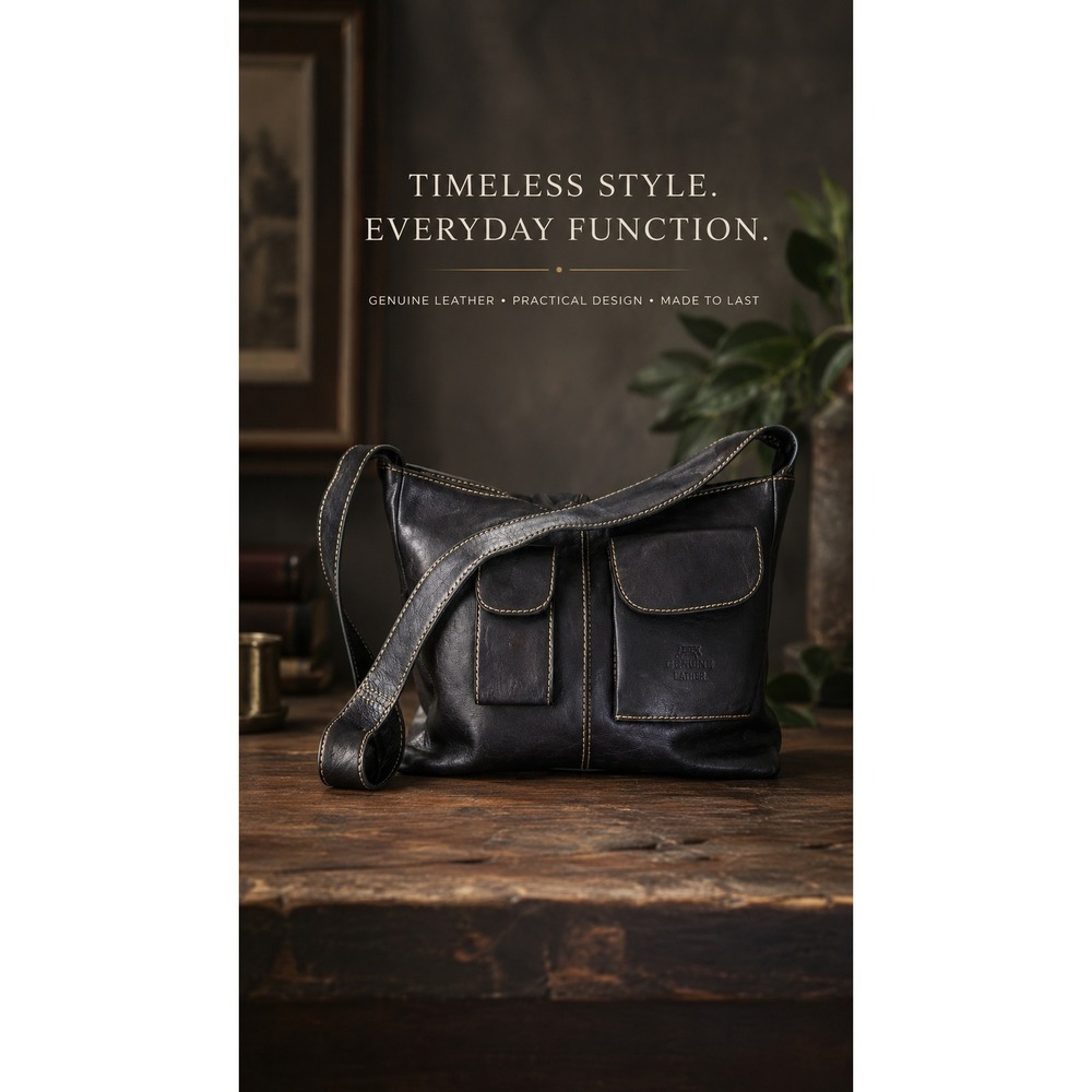 Vintage Black Leather Shoulder Bag Messenger Purse Minimalist Utility Pocket Bag